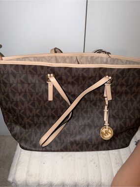 Michael Kors Brown Logo Tote with Pale Pink Trim and Gold Charm